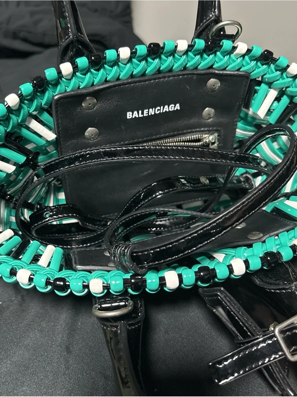 Balenciaga Turquoise White and Black Woven Mini Tote